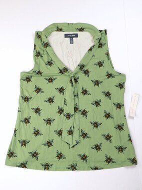ModCloth Green Bee-Print Sleeveless Tie-Neck Blouse